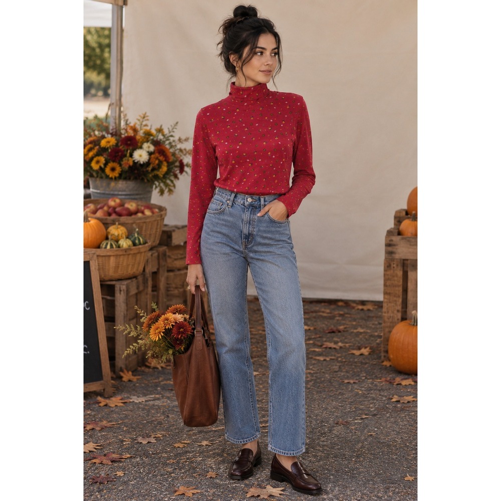 Vintage 90s LL Bean Turtleneck Top Size Medium Cotton Fall Autumn Cottagecore